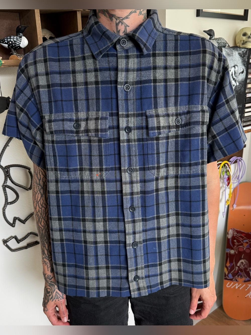 LL Bean Cropped Chamois Blue & Gray Plaid S/S Button Down Shirt ~ Size Medium
